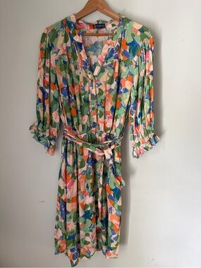 Democracy Abstract Floral Rayon Tie Waist Midi Dress Large Boho Colorful